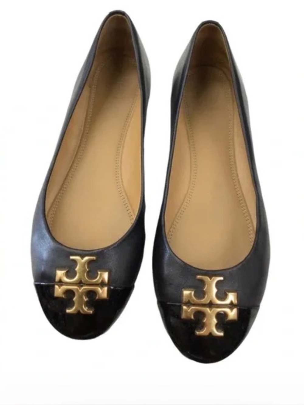 Tory Burch Everly Black Gold Leather Logo Cap-Toe Ballet Flats Size 10